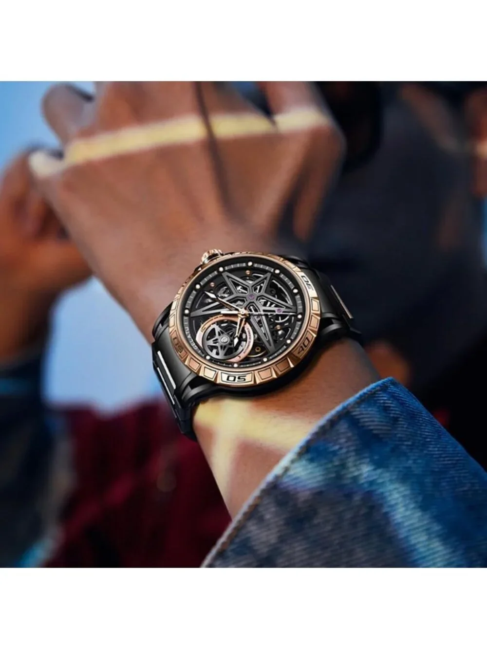 Men's Black Skeleton Quartz Stainless Waterproof Luminous Luxury Wooden Watch